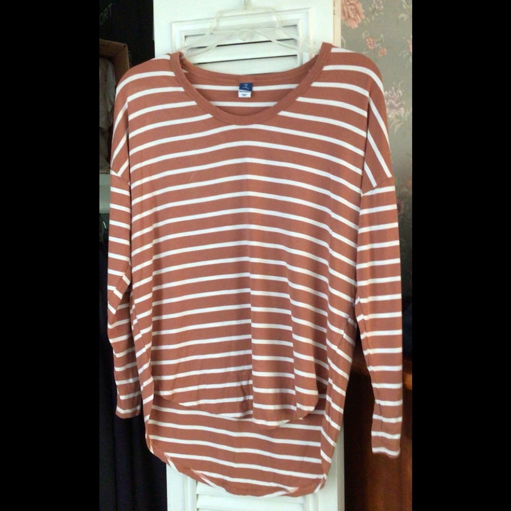 Old Navy Light Brown & White Striped Tunic 3/4 Sleeve Top